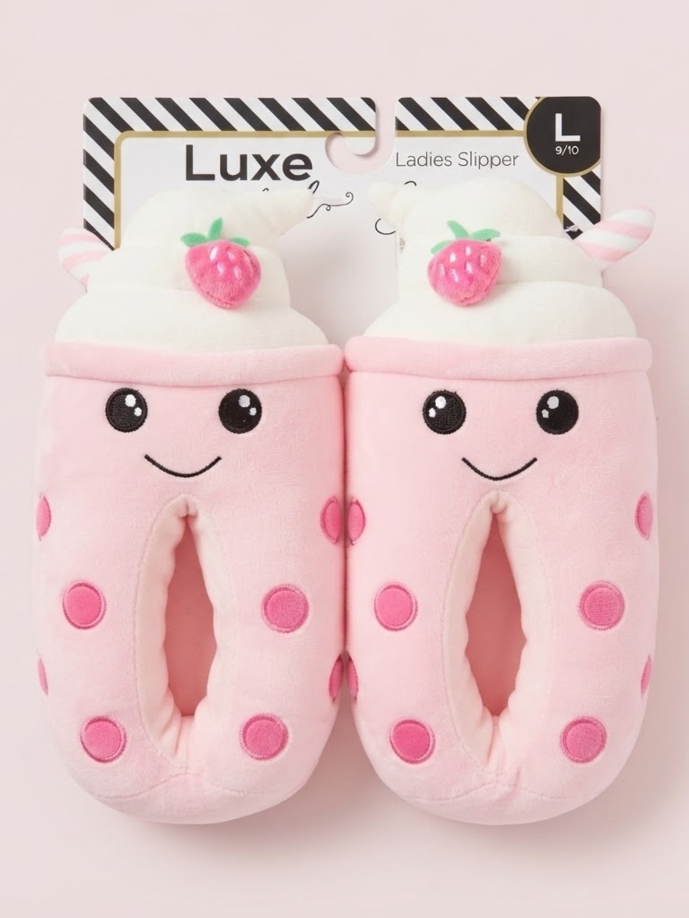 NWT Luxe Pink Strawberry Plush Boba Slippers